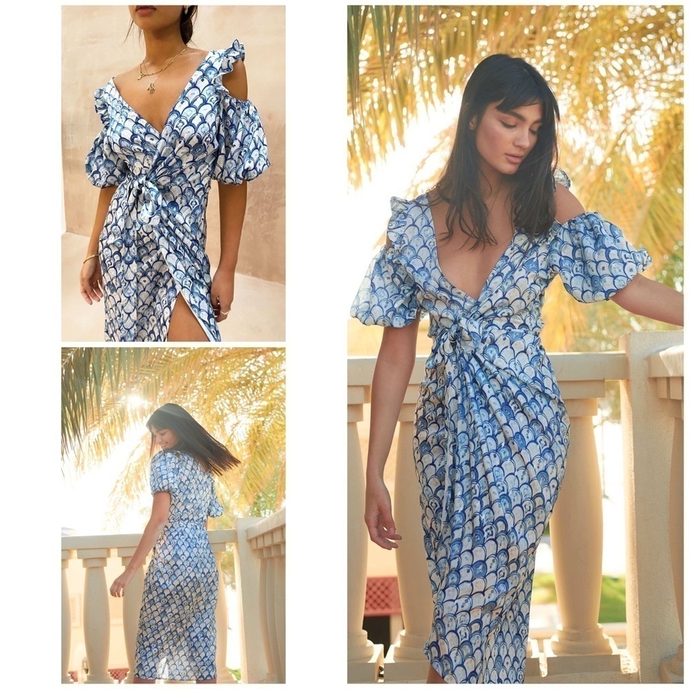 NWT Never Fully Dressed NFD Blue Marble Graphics Cold Shoulder Wrap Midi Dress 6